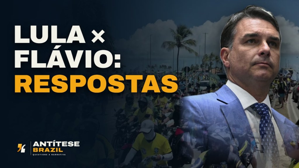 Flávio Bolsonaro de terno azul, em frente a uma motociata; texto LULA × FLÁVIO: RESPOSTAS